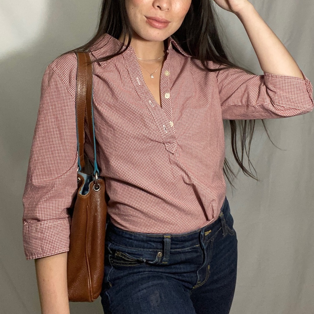 Gingham 3/4 Quarter Sleeve Button Blouse Small